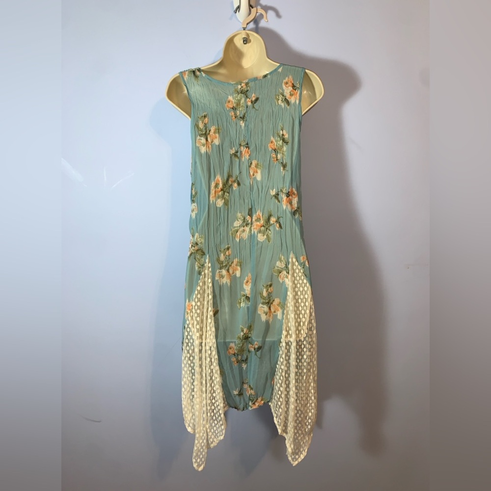 Ryu Floral Midi Dress handkerchief hem blue Cream sleeveless boho fairy Y2K Lrg - Picture 3 of 9